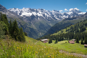 The panorama of Mürren and Hineres Lauterbrunnental valley with the peaks   Gletscherhorn,...