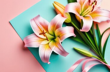 Orange fragrant lilies close-up on a light pink and blue background. Postcard. Women's Day. Mothers Day. Free space for text