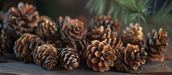 A group of natural plant cones made of conifer, sitting on a wooden table, creating a beautiful and evergreen display.