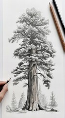 person sketching giant sequoia redwood tree