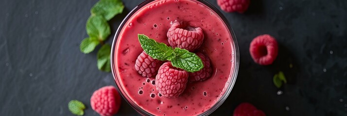raspberry smoothie, top view with copyspace