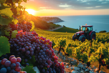 huge vineyards with large bunches of grapes, wine production, fields, a tractor, where the sun is shining and the sea is on the horizon