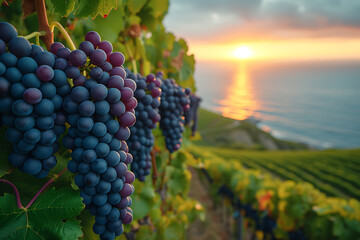 huge vineyards on which large bunches of grapes grow, large plantations, a tractor drives and waters, the sun shines in the background and the sea on the horizon
 - obrazy, fototapety, plakaty