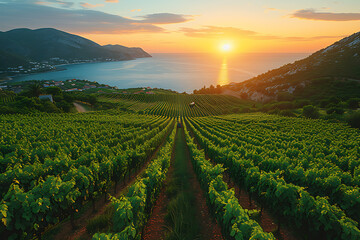 huge vineyards on which large bunches of grapes grow, large plantations, a tractor drives and waters, the sun shines in the background and the sea on the horizon
