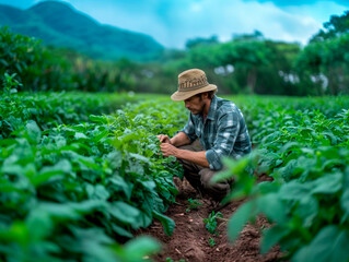 A farmer agronomist is in the field studying the plant's sowing. Generative AI