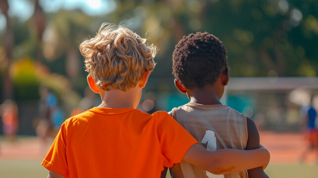 inclusivity multiculturalism caucasian boy and African boy hugging in a childrens soccer game, cultural diversity childhood