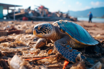 sad sea turtle on a beach littered with garbage and human waste, polluted seashore. Aquatic pollution concept. Generative AI
