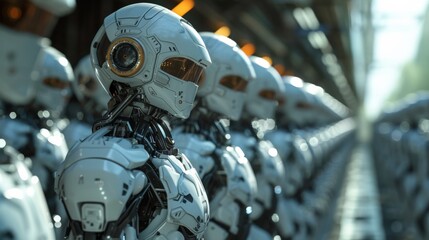 Fototapeta premium A row of robots lined up in a line with their eyes open, AI