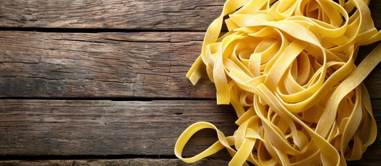 Uncooked fettuccine pasta on a wooden background, prepared for cooking.
