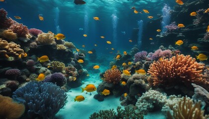 Fototapeta na wymiar Bustling Coral Reef Ecosystem with Sunlight Filtering Through Water