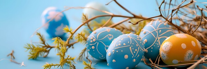 Wide banner background with Easter theme copy space and vibrantly decorated eggs - Generative ai