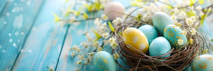 Fototapeta na wymiar Wide banner background with Easter theme copy space and vibrantly decorated eggs - Generative ai