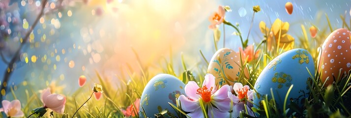 Wide banner background with Easter theme copy space and vibrantly decorated eggs - Generative ai