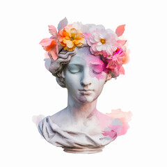 Painting of marmer woman statue surrounded by flowers