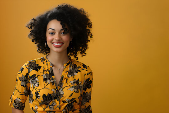 Retrato de Mujer morena  con pelo rizado corto  sonriendo en un fondo amarillo con espacio para copiar. 
La mujer transmite seguridad y optimismo

