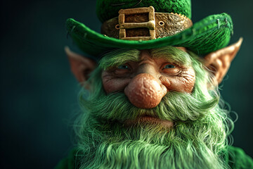 Leprechaun with beard and mustache wearing green costume and hat on dark green background. Saint Patrick's Day. Cartoon character for design card, banner, sticker, print, poster, flyer - obrazy, fototapety, plakaty