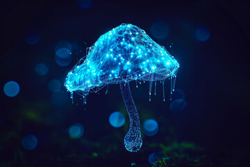 Mushroom digital study concept, hologram made of dots. Background with selective focus and copy space