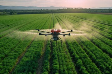 A modern drone irrigates a field on a farm with fertilizer. Background with selective focus and copy space