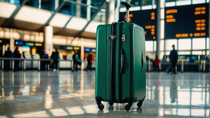 Big green travel suitcase on airport terminal background from Generative AI