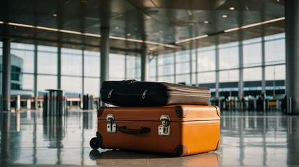 Big orange travel suitcase on airport terminal background from Generative AI