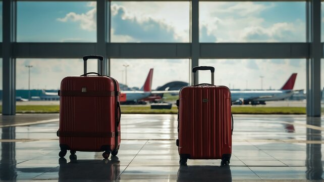 Big red travel suitcase on airport terminal background from Generative AI
