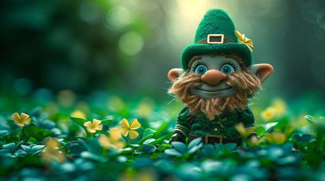 Little red haired leprechaun with beard wearing green costume and hat have fun on clover field. Saint Patrick's Day. Cartoon character for design card, banner, sticker, print, poster, flyer