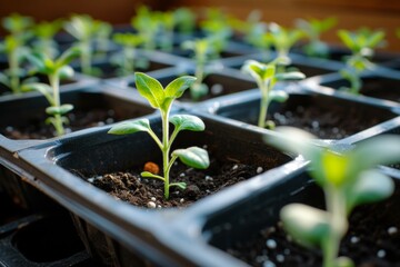 Spring seedlings in trays. Background with selective focus and copy space