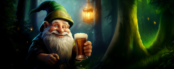 Cartoon Irish gnome with a white beard and mustache holding mug of beer. Fairy tail. Happy Saint Patrick's Day. Funny fantasy character for design card, banner, sticker, print, poster