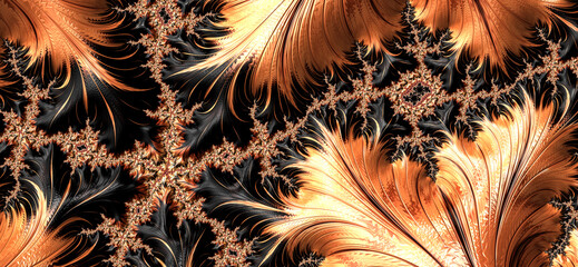 Abstract fractal art background banner in black and gold with 3D embossed metallic texture.