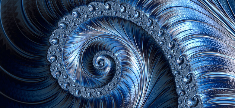 Abstract spiral fractal art background banner in blue and silver with 3D embossed metallic texture.