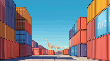 A series of stacked containers in a shipyard emphasizing the scalability and adaptability of containerization which has allowed for the growth of international markets and