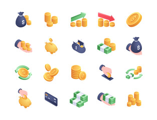 Coins isometric icons vector set