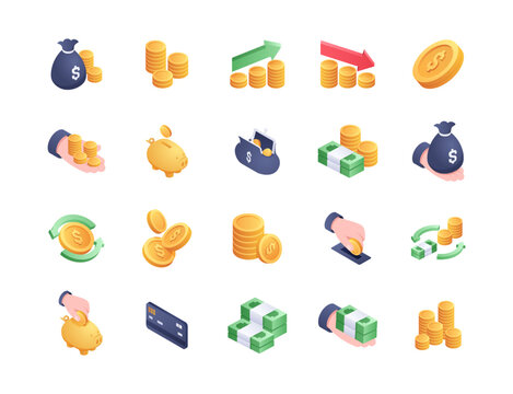 Coins isometric icons vector set