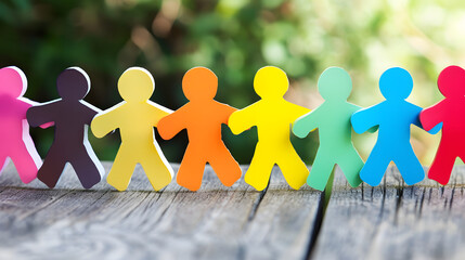 A vibrant chain of multicolored paper figures standing hand in hand creates a symbol of diversity and togetherness on a wooden background