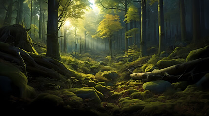 Forest landscape, exotic foggy forest