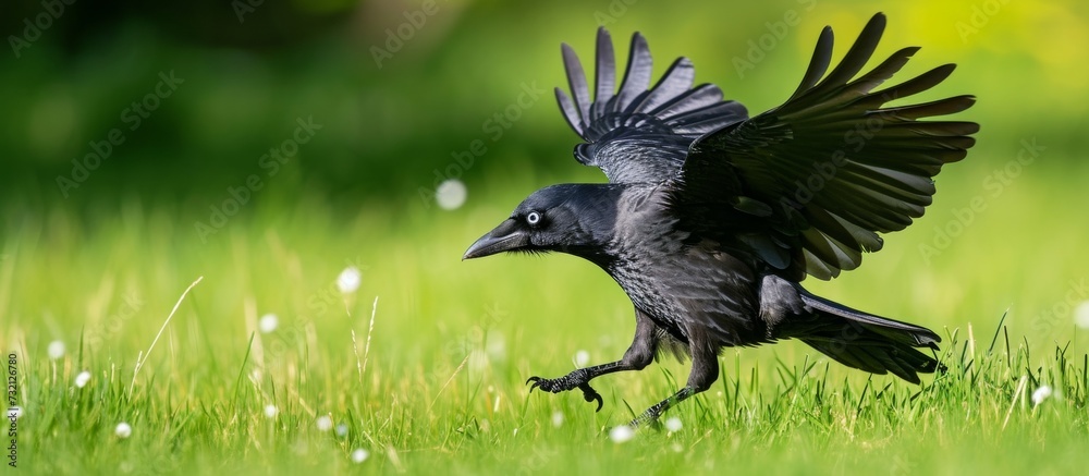 Sticker A bird of prey from the Accipitridae family, possibly an eagle, soars gracefully over a vibrant grassland with lush green grass.