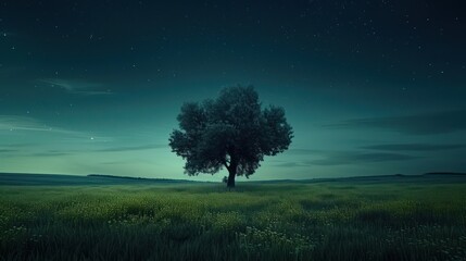 Fototapeta na wymiar Night landscape with a lonely tree in the middle of a meadow