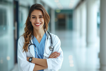 Female Doctor in the Hallways of a Hospital, Portrait of a Young Confident Hospital Staff Member with a Cheerful Smile and Copy Space
