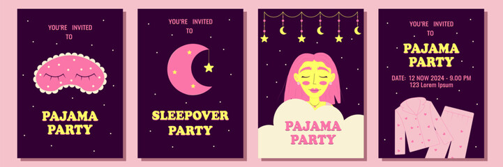 Set of invitations or posters for pajama party. Themed bachelorette party, sleepover or birthday party. Vector illustration