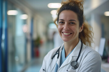 Fototapeta premium Female Doctor in the Hallways of a Hospital, Portrait of an Experienced Healthcare Professional in a Health Center, Smiling with Copy Space