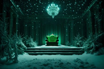  Step into the frosty elegance of an HD image capturing a throne made of green, embellished with large snowflakes, set against a captivating dark background