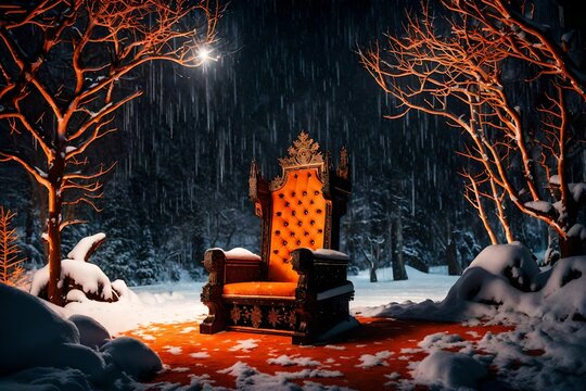  Dive into the enchanting world of winter royalty with an HD image showcasing a throne sculpted from orange, highlighted by large snowflakes, against a mysterious dark background
