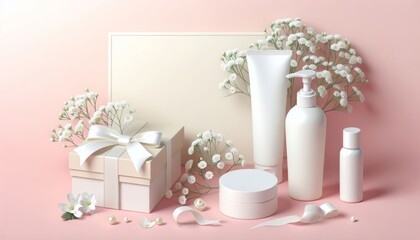 Fototapeta na wymiar Presentation of a gift set of a cosmetic product, gift box on a pastel background with flowers