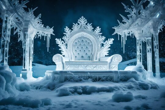 : Witness the frosty grandeur in an HD image capturing a throne made of ice, with intricate large snowflakes, set against a dramatic dark background