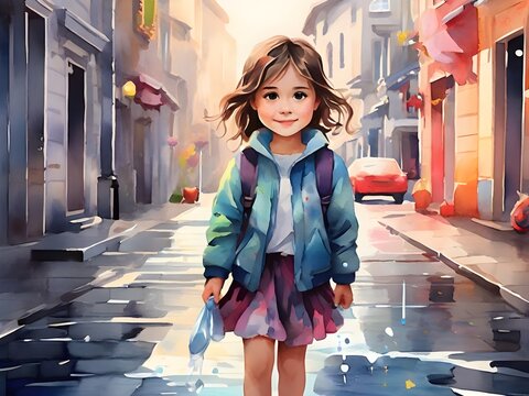Illustration of a beautiful little girl on a city street