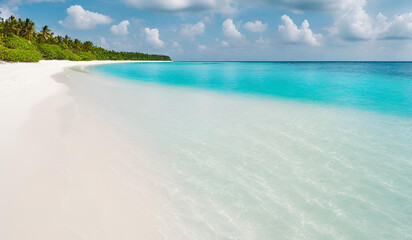 Paradise island in maldives. tropical coast shore, exotic beach landscape. palm trees, blue sea sky
