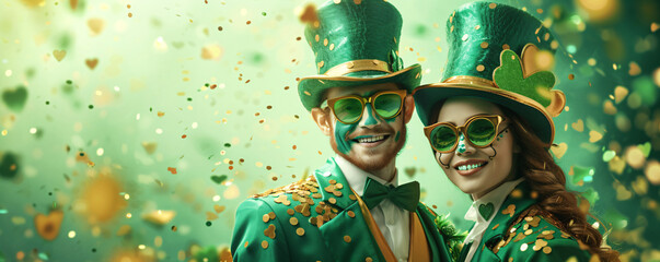 The company of happy people wearing carnival costumes and hats and celebrate St. Patrick's Day.  Have fun and rest. Vacation and travel concept - obrazy, fototapety, plakaty