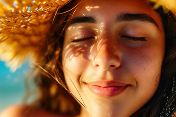 Portrait of a beautiful girl in a straw hat on the beach
