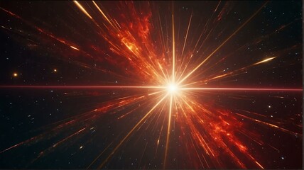 Asymmetric red light burst with rays and golden sparkles bokeh on space cosmos galaxy background from Generative AI