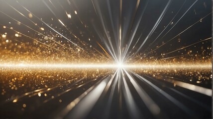 Fototapeta na wymiar Asymmetric silver light burst with rays and golden sparkles bokeh background from Generative AI